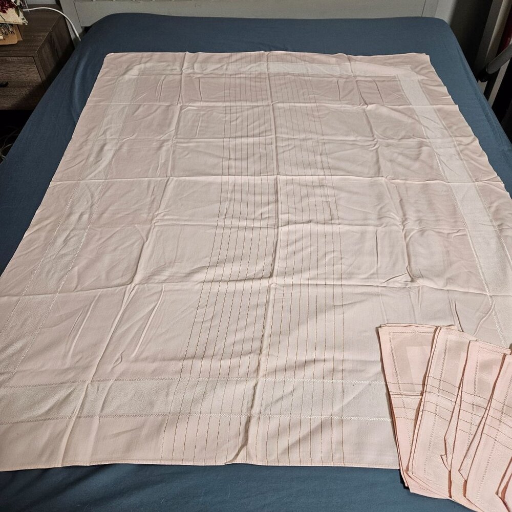 Vintage Rectangle Tablecloth 6 Napkins Cloth Light Pink Spring 48"x 61" Bling